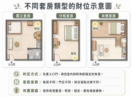 這是一張極簡風格的「套房財位擺設」平面佈局對照圖。畫面由左至右分別展示獨立套房、分租套房與夾層套房三種常見格局,清晰標示出因內部動線與隔間差異而產生的不同財位落點。下方附帶三大操作心法,教導讀者先看入口門再找最穩定的斜對角角落,並提醒保持該區域的整潔與明亮,避免堆放雜物。