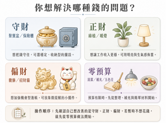 這是一張依據金錢問題來挑選「財位擺設物品」的實用圖卡。畫面分為四個區塊:想守財推薦聚寶盆或保險櫃,求正財建議搭配綠植與暖燈,催偏財適合放置貔貅或招財貓,而零預算則強調環境清潔、補光與五色豆。圖卡引導讀者先釐清自身想改善的財運類型,再更有策略地進行對症佈置。