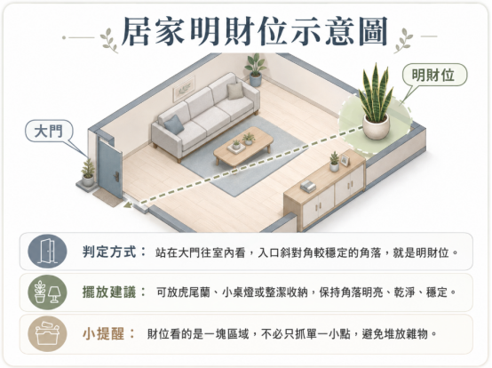 這是一張極簡風格的居家「虎尾蘭財位」空間定位圖卡。畫面以 3D 俯視圖展示客廳格局,利用虛線指引讀者從大門看向斜對角,找出適合擺放虎尾蘭的明財位;下方條列判定方式、擺放建議與小提醒,強調財位是一塊區域而非單一點,並呼籲保持該角落明亮、乾淨與穩定,避免雜物干擾聚氣。