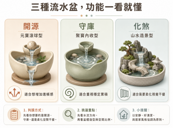 這是一幅依據功能分類解說「招財流水盆」的極簡導覽圖。畫面由左至右展示了三種常見款式：適合增加進帳感的「開源」元寶滾球型、著重穩定累積的「守庫」聚寶內收型，以及用於柔化空間干擾的「化煞」山水造景型；圖卡下方並總結了先看水流方向與自身需求、再評估空間比例與清潔便利性的實用挑選心法。