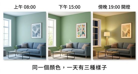 這是一幅展示「客廳牆壁顏色」受光線影響的實景三連圖。由左至右呈現同一面綠色牆面在上午 08:00（偏冷晨光）、下午 15:00（暖陽日光）與傍晚 19:00 開燈（溫馨黃光）下的視覺效果，直觀說明「同一個顏色一天有三種樣子」，強調粉刷前進行現場試色的重要性。