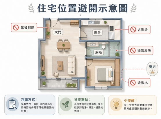 這是一幅輔助說明「銅葫蘆擺放禁忌」的居家平面圖卡。畫面以俯視視角清晰標示出四個應避免放置金屬法器的風水衝突點：包含大門玄關處易截斷氣流、廚房區域易形成火剋金、衛浴空間易導致穢氣反吸，以及東方位的金剋木相剋問題；圖卡下方並附上操作重點，提醒讀者佈置時應優先避開上述區域，將法器移至乾淨且通風的穩定角落。