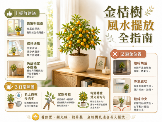 這是一張解析「金桔樹風水」最佳擺設與維護的實用教學圖。版面清晰劃分為三個區塊：首先建議將盆栽安置於靠窗明亮且通風的穩定角落，接著提醒避開冷氣直吹或阻礙動線的陰暗處，最後在下方總結表土微乾再澆水、定期修剪與每週轉盆受光等日常養護訣竅，協助讀者長久維持植株的旺盛生機。