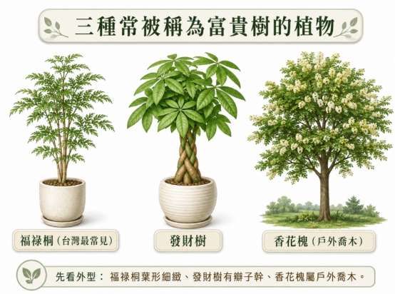 這是一幅幫助釐清「富貴樹風水」植物品種的極簡對照圖卡。畫面由左至右並排展示三種常被統稱為富貴樹的植栽:葉形細緻且單幹抽高的台灣常見福祿桐、具備標誌性編織樹幹的發財樹,以及體積龐大屬於戶外喬木的香花槐;圖卡下方附上簡單直觀的外觀判讀重點,引導讀者在進行風水佈置前先正確認清樹種以免買錯盆栽。
