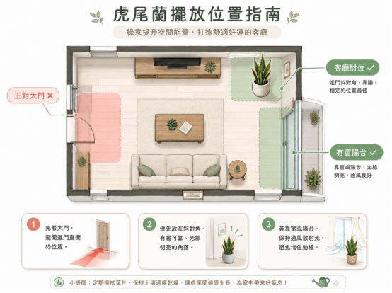 這是一幅輔助說明「虎尾蘭風水禁忌」的客廳平面佈局圖卡。圖中以俯視視角直觀劃分出紅色禁忌區（正對大門易犯直衝），以及綠色推薦區（進門斜對角財位與明亮有窗的陽台）；底部並附上三大實作步驟，提醒讀者優先避開直衝動線，選擇有牆面當靠山且光線充足的角落來安放，以提升空間正能量。