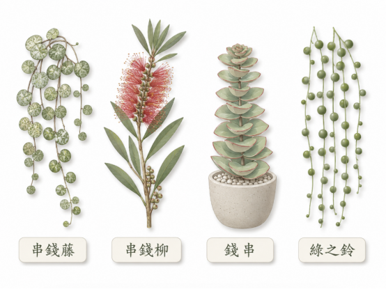 這是一幅幫助釐清「串錢藤風水」植物品種的精簡外觀對照圖。畫面由左至右並列展示四種名稱相近或常被混淆的植物：擁有扁平圓潤葉片自然垂墜的串錢藤、開著鮮豔紅色刷狀花朵的串錢柳、葉片如硬幣層層疊拔挺立的錢串，以及呈現球狀顆粒垂吊的綠之鈴。透過直觀的植物形態對比，引導讀者在選購開運盆栽時能準確認明正確物種。