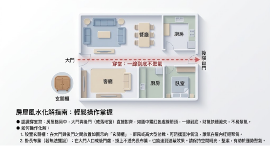 這是一幅解說「後陽台風水禁忌」中常見穿堂煞格局的平面示意圖。圖中以紅色虛線直觀標示出大門直通後陽台門,導致氣流一線到底、無法聚氣的漏財狀況;畫面下方則提供具體的化解操作指南,建議在兩門之間的動線上設置玄關櫃、屏風或懸掛長布簾來阻擋直衝氣流,教導讀者透過簡單的軟裝配置輕鬆化解風水地雷。