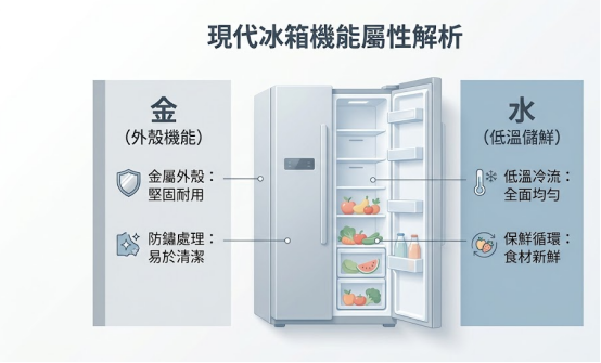 這是一幅極簡風格的「冰箱顏色禁忌」基礎屬性分析圖。畫面特寫一台敞開的雙門冰箱,左側標註外殼金屬與防鏽處理屬於「金」,右側標註低溫冷流與保鮮循環屬「水」,協助讀者先搞懂家電本體機能的五行屬性,再行挑選合適色彩與擺放方位。
