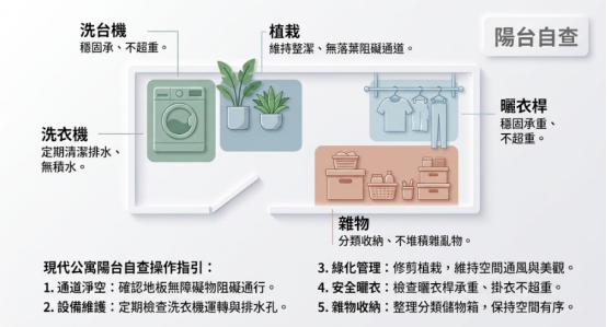 這是一幅輔助避開「陽台風水禁忌」的現代公寓陽台自查平面示意圖。圖中以俯視視角劃分出洗衣機、植栽、曬衣桿與雜物四大管理區域,並於下方列出五點具體的日常操作指引,提醒讀者定期清潔排水孔、修剪落葉、注意五金承重與落實分類收納,教導大家藉由保持通道淨空與空間明亮整潔,輕鬆營造聚氣招財的居家好風水。