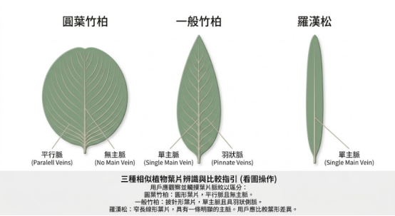 這是一幅輔助挑選「圓葉竹柏風水」植栽的極簡葉脈辨識圖卡。畫面由左至右對比了三種易混淆的植物葉片：具備平行脈且無主脈的圓形圓葉竹柏、擁有單主脈與羽狀側脈的披針形一般竹柏，以及單主脈的窄長羅漢松；圖卡下方附上直觀的觸摸與觀察指引，幫助讀者透過葉形與脈紋精準鑑定，避免買錯風水盆栽。