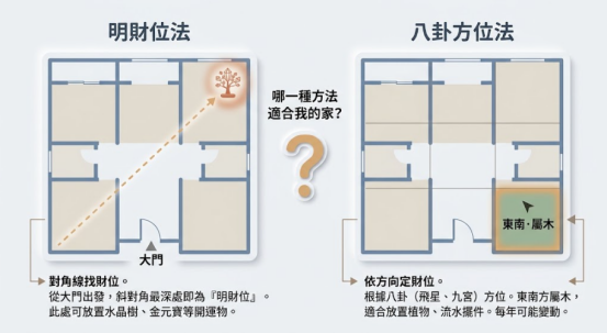 這是一幅輔助評估「水晶發財樹風水」最佳擺設位置的平面空間對照圖。畫面左右並列兩種尋找財位的方法：左側示範從大門延伸至斜對角最深處的「明財位」，特別標註此無擾動區塊最適合放置水晶樹與金元寶等開運物；右側則圖解依據坐向找出屬木的東南「八卦方位」，說明該區較適合真實植物或流水擺件。圖卡透過直觀的區塊標示，引導讀者依據自家格局條件，挑選最合適的招財角落。