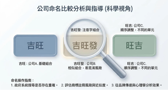 這是一幅極簡莫蘭迪風格的「吉旺搬家」公司命名比較分析圖。畫面以放大鏡聚焦「吉旺發」,並橫向對比「吉旺(基礎組合)」與「旺吉(順序調整)」三種文字變化,下方附有命名操作指南,說明如何評估商標註冊風險与避免同名混淆,以利品牌傳達。