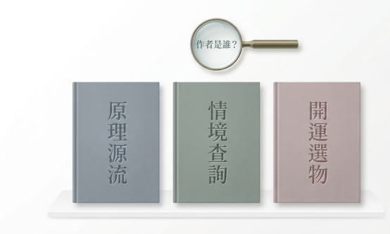 這是一幅極簡莫蘭迪風格的「風水書」分類指南。架上由左至右陳列「原理源流」、「情境查詢」與「開運選物」三種主要書籍類型,上方配有放大鏡與「作者是誰?」字樣,提醒讀者在選購風水書籍時應先審視作者專業背景,精準挑選適合的工具書。