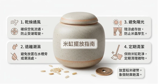 這是一幅極簡風格的「米缸放哪裡最好」基礎維護指南。中央陳列一個質感米缸與古錢幣，四周卡片明確列出乾燥通風、遠離潮濕水槽、避免陽光直射與定期清潔四大擺放要點，並提示放置硬幣象徵財庫飽滿，兼具實用儲糧與風水聚財功效。