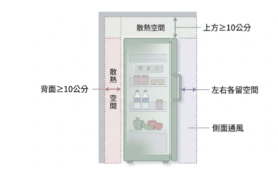 這是一幅極簡風格的「冰箱位置」散熱尺寸剖析圖。畫面特寫一台單門冰箱,以箭頭明確標示背面需大於等於 10 公分、上方需大於等於 10 公分,以及左右兩側需留有足夠通風空間,指引讀者在擺放家電時精準預留散熱動線。