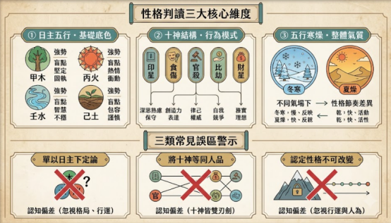 這是一幅極簡復古風格的「八字個性」分析架構圖。上方展示日主五行（基礎底色）、十神結構（行為模式）與五行寒燥（整體氣質）三大判讀維度；下方列出單以日主下定論、將十神等同人品、認定性格不可改變等三類常見誤區警示，指引讀者客觀全面地推算個人性格。