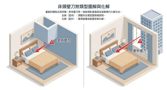 這是一幅極簡風格的「房間壁刀煞化解」類型辨識圖解。畫面以 3D 臥室模型分成左右兩區,左側標示室內柱角直切床頭的「室內壁刀」(建議調整床位或設屏風),右側標示窗外建築大樓切向床頭的「室外壁刀」(建議安裝窗簾遮擋),協助讀者快速釐清格局並對症下藥。