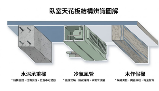 這是一幅極簡風格的「樑壓床」天花板結構剖析圖。由左至右橫向展示水泥承重樑(結構主體不可變動)、冷氣風管(設備線路)與木作假樑(裝飾美化)三種常見類型,協助讀者在化解壓頂煞氣前精準辨識橫樑屬性。