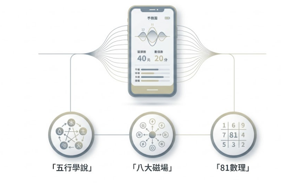 這是一幅極簡風格的「風水電話號碼」學理分析圖解。中央以智慧型手機為核心，下方連接「五行學說」（金木水火土相生相剋）、「八大磁場」（數字易經）與「81數理」（吉凶數表）三大圖示，清楚展現市面上手機號碼測算的背後推算依據。