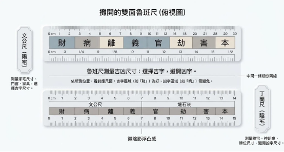 這是一幅極簡風格的雙面魯班尺(風水尺)俯視解構圖。上方展示用於陽宅門窗與家具測量的「文公尺」,下方展示用於陰宅與神明桌測量的「丁蘭尺」;中央標註「財、病、離、義、官、劫、害、本」等紅字與黑字區間,指引讀者在購買風水尺後如何正確看懂吉凶尺寸。