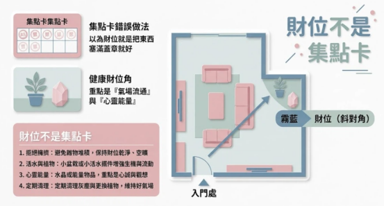 這是一幅極簡莫蘭迪風格的「發財風水」財位佈局概念圖。右側以客廳平面圖標示大門斜對角為明財位;左側強調「財位不是集點卡」,列出拒絕堆積雜物、擺放小盆栽或活水擺件增生機、搭配水晶能量及定期清理四大原則,引導讀者維護乾淨通透的健康財位角。