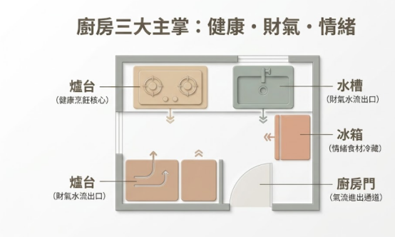 這是一幅極簡莫蘭迪風格的「完美廚房風水」三大主掌因素(健康、財氣、情緒)配置圖。畫面以剖面戶型清晰標示爐台(健康烹飪)、水槽(財氣水流)與冰箱(情緒食材冷藏)的摆放方位,示範打造順畅且藏風聚氣的理想廚房格局。
