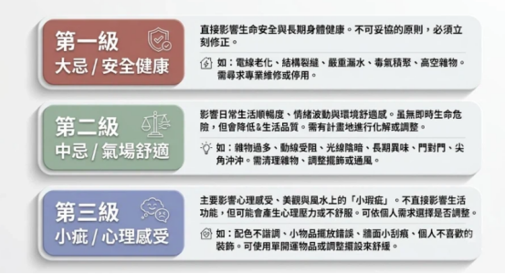 這是一幅極簡莫蘭迪風格的「廚房風水禁忌」分級卡片圖。由上至下分為第一級大忌（安全健康/立即修正）、第二級中忌（氣場舒適/計劃調整）與第三級小瑕（心理感受/依需求微調），清晰列出漏水雜物、動線受阻及配色瑕疵等對應影響，引導讀者理性看待並按優先順序改善。