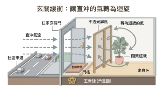 這是一幅極簡風格的「社區大門風水」玄關緩衝剖析圖。畫面展示外在社區車道直衝氣流穿過住家大門時,內部透過門檻五帝錢、不透光屏風與闊葉植栽,將強烈直衝氣流轉化為藏風聚氣的迴旋柔氣,提供買房與裝修時的實用避煞化解指引。