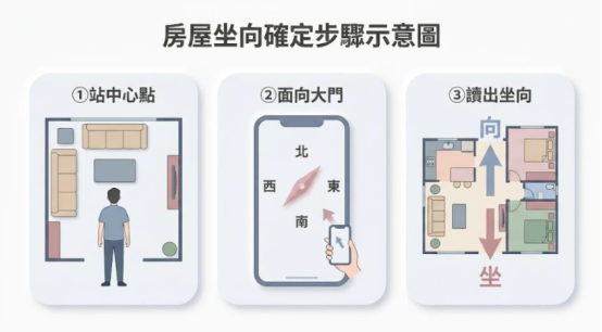 這是一幅極簡莫蘭迪風格的「大門入口風水」坐向量測圖解。由左至右分三步驟展示:1. 站在房屋中心點;2. 手持手機面向大門;3. 讀出箭頭指示的「坐」與「向」方位,提供讀者精準釐清家宅坐向的標準操作規範。