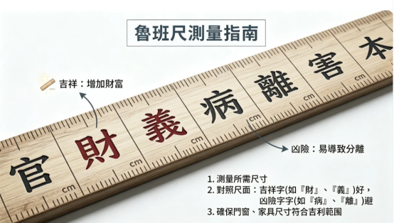 這是一幅極簡風格的「風水尺寸」實務量測指南。畫面特寫一把木質魯班尺，清楚標示「財、義」等吉祥紅字（如增加財富）與「病、離」等凶險黑字（如易致分離）；右下方以三點步驟說明如何量測門窗與家具尺寸，確保各項家居規格落於吉利範圍內。
