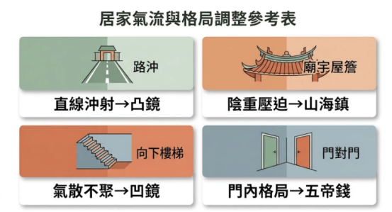這是一幅極簡莫蘭迪風格的「擋煞物品」簡明對照卡。畫面分為四大區塊：路衝（直線衝射對應凸鏡）、廟宇屋簷（陰重壓迫對應山海鎮）、向下樓梯（氣散不聚對應凹鏡）以及門對門（門內格局對應五帝錢），提供讀者一眼看懂的居家氣流與格局調整參考。