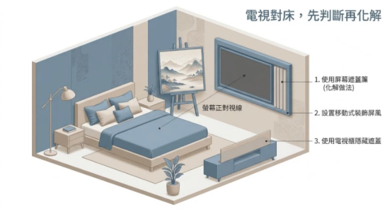 這是一幅極簡莫蘭迪風格的「電視對床化解」臥室佈局圖。畫面以 3D 空間呈現電視螢幕正對床頭視線的情境，並清晰標示三種軟裝化解做法：使用螢幕遮蔽簾、設置移動式裝飾屏風，以及運用電視櫃隱藏遮蓋，提供讀者美觀又實用的防反射改善參考。