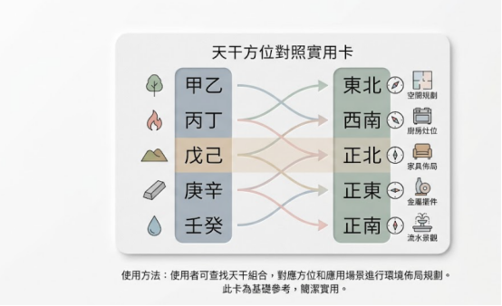 這是一幅極簡莫蘭迪風格的「財神方位」天干對照圖卡。左側列出甲乙(木)、丙丁(火)、戊己(土)、庚辛(金)、壬葵(水)十天干組合;右側以箭頭對應東北、西南、正北、正東與正南等方位及空間規劃、灶位、家具與流水景觀等應用場景,提供讀者簡潔實用的吉方佈局參考。