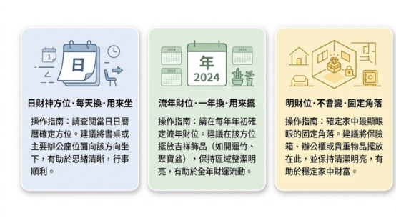 這是一幅極簡莫蘭迪風格的財位分類說明卡。由左至右明確區分：1. 「今日財位方向」（日財神方位/每天換/用來坐面向）；2. 「流年財位」（一年換/用來擺吉祥飾品）；3. 「明財位」（不會變/固定角落放保險箱），幫助讀者快速掌握不同財位的操作指南。