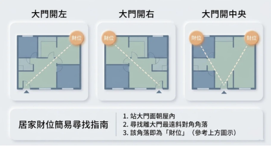 這是一幅極簡莫蘭迪風格的「家中財位圖」簡易尋找對照表。上方以三張平面圖清晰標示:大門開左(財位在右上斜對角)、大門開右(財位在左上斜對角)、大門開中央(左右兩側斜對角皆為財位);下方列出站在大門面朝屋內、尋找最遠斜對角的 3 步驟指示,方便讀者快速對照自家格局。