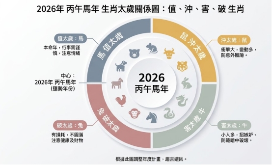 這是一幅極簡莫蘭迪風格的「2026風水佈局」生肖太歲圓環圖解。中央標註 2026 丙午馬年，外圍將犯太歲生肖分為馬（值太歲/刑太歲）、鼠（衝太歲）、牛（害太歲）與兔（破太歲）四大區塊，並附上情緒謹慎、防範小人与留意財物損耗等提醒，協助讀者作為年度風水規劃與趨吉避凶的參考依據。