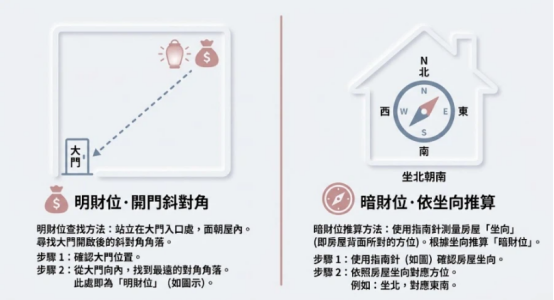 這是一幅極簡莫蘭迪風格的「房間暗財位」與明財位雙對比說明卡。左側說明「明財位」為開門斜對角角落（主迎氣）；右側說明「房間暗財位」需使用指南針測量房屋坐向進行推算（如坐北朝南對應東南方位），幫助讀者釐清兩種財位的定義與尋找方式。