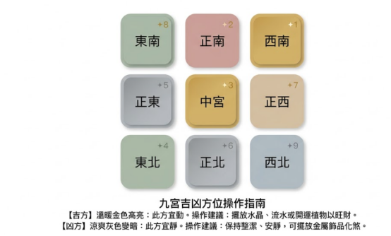 這是一幅極簡莫蘭迪色塊風格的「2026財位」九宮格方位圖卡。九宮格內清晰標示東南、正南、西南、正東、中宮、正西、東北、正北與西北等九個方位;下方說明操作指南,提示以溫暖金色高亮者為吉方(宜擺放水晶、流水或植物催財),涼爽灰色變暗者為凶方(宜保持整潔安靜或擺放金屬飾品化煞)。