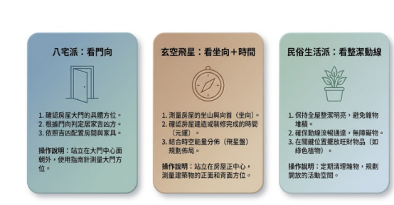 這是一幅極簡莫蘭迪風格的「家中財位擺設」流派理論圖卡。由左至右分三卡片解析：1. 八宅派（看大門門向定吉凶）；2. 玄空飛星（看房屋坐向與建造時間盤）；3. 民俗生活派（看全屋整潔明亮與動線暢通），提供讀者多維度的財位尋找與維護操作指南。