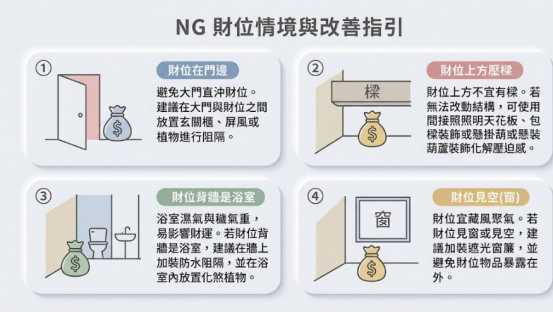 這是一幅極簡莫蘭迪風格的「房間財位放什麼」NG 避坑圖卡。四圖分別解析：1. 財位在門邊（加屏風隔斷）；2. 財位上方壓樑（掛葫蘆化解）；3. 財位背牆是浴室（加防水阻隔与化煞植物）；4. 財位見空窗（加裝遮光窗簾藏風聚氣），提供讀者在擺放財位物品前先排除不利格局的實用改善指引。