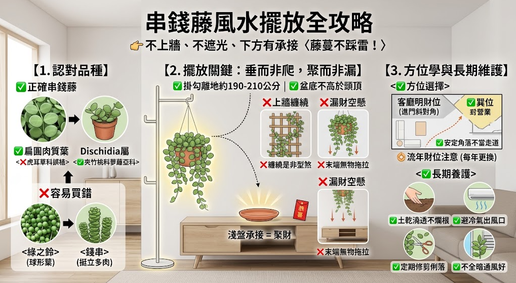 這是一張詳細解說「串錢藤風水」佈置與養護的實戰攻略圖。畫面左側教導讀者認明扁圓肉質葉的正確品種，避免誤買綠之鈴或錢串；中央強調查明擺放關鍵，示範盆栽應自然垂墜且下方需墊淺盤來「承接聚財」，嚴禁上牆纏繞或末端無物拖拉的漏財懸空狀態；右側則補充客廳明財位的方位選擇及避免冷氣直吹等日常照護重點，幫助讀者完美打造招財綠意。