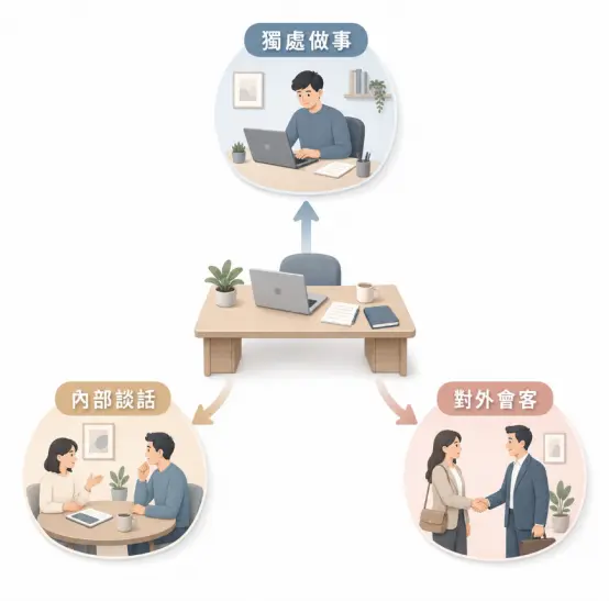 這是一幅輔助釐清「主管辦公室風水擺設」定位的機能評估圖卡。畫面中央是一張簡潔的辦公桌,並透過箭頭向外延伸出三個圓形情境圖:包含需要專注力的「獨處做事」、重視隱私溝通的「內部談話」,以及展現專業形象的「對外會客」;提醒管理者在規劃辦公室風水與家具配置前,必須先評估自身日常工作的機能比重,才能打造出最符合實際管理需求的專屬空間。