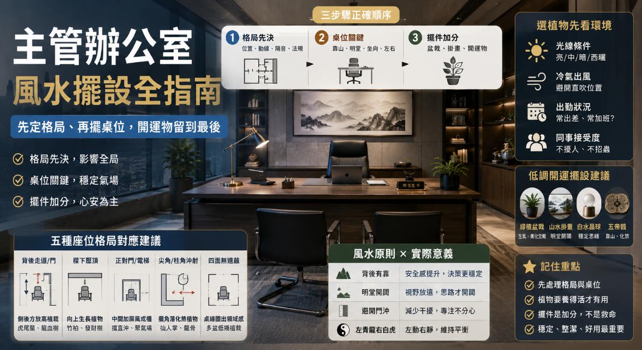 這是一張解析「主管辦公室風水擺設」的實景教學總覽圖。畫面以一間氣派的主管室為背景，上方標示出「先定格局、再擺桌位、開運物留到最後」的三步驟正確順序；圖中同時整理了五種座位煞氣的化解建議、挑選綠色植栽的環境評估要點，以及低調開運擺設的推薦清單，引導管理者將風水原則與實際管理需求相結合，打造出穩定且具安全感的高效決策空間。