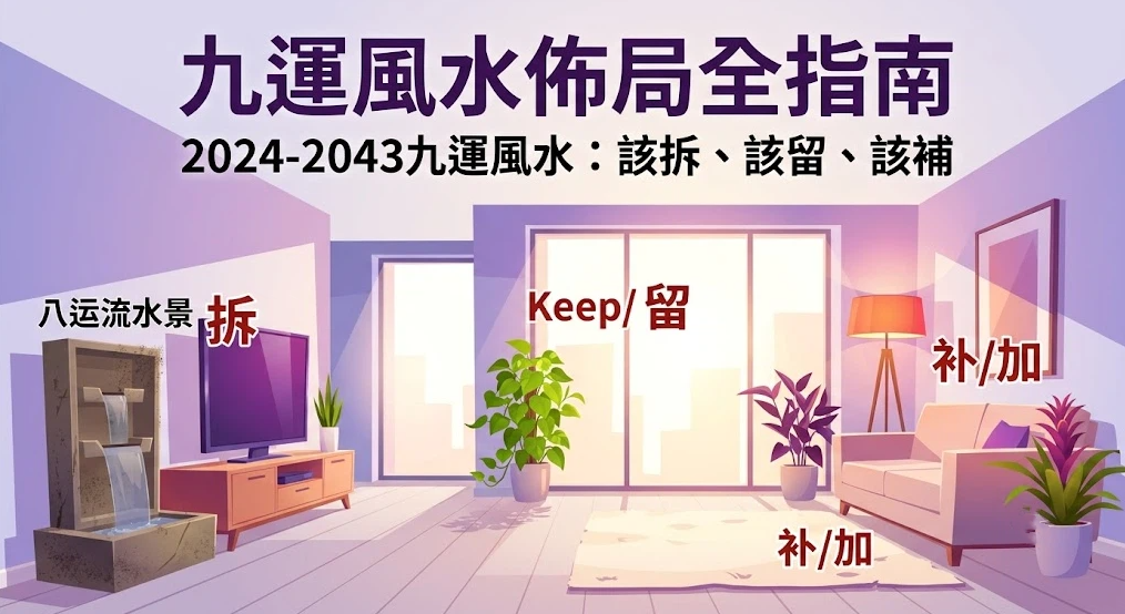 這是一幅解讀 2024 至 2043 年「九運風水佈局」居家客廳調整的資訊插畫。畫面以紫光溫馨客廳為背景，清楚標註需拆除的舊物品（如八運流水景），以及需保留與新增補強的植物、燈光等元素，指引讀者順應九紫離火運進行居室煥新。