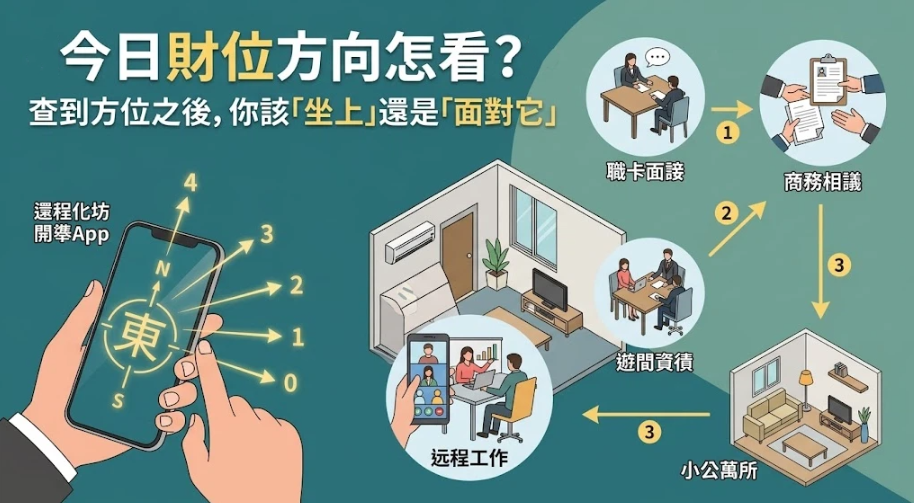 這是一幅解析「今日財位方向」實務應用的情境插畫。左側展示手持手機 App 量測吉方；右側延伸出職卡面試、商務相議、遊間資債、小公寓場所與遠程工作等情境，解答查到方位後究竟該「坐上」還是「面對它」，指引讀者靈活運用每日吉方提升運勢。