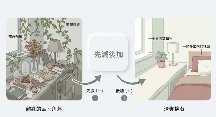 這是一幅探討「房間放什麼招桃花」核心觀念的對照圖卡。畫面左側呈現一個堆滿枯黃乾燥花、攀爬藤蔓與雜物的混亂臥室角落，這種環境容易阻礙氣場；透過「先減後加」的箭頭引導至右側，展示出清理雜物後的清爽空間，僅需點綴一小盆圓葉植物，並在床上多放一顆枕頭預留給未來的伴侶，傳達出先淨化空間再點綴招桃花小物才是最有效的風水法則。
