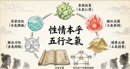 國風水墨八字個性解析封面，以五行意象對應性格原型，呈現先天能量外化的命理核心邏輯