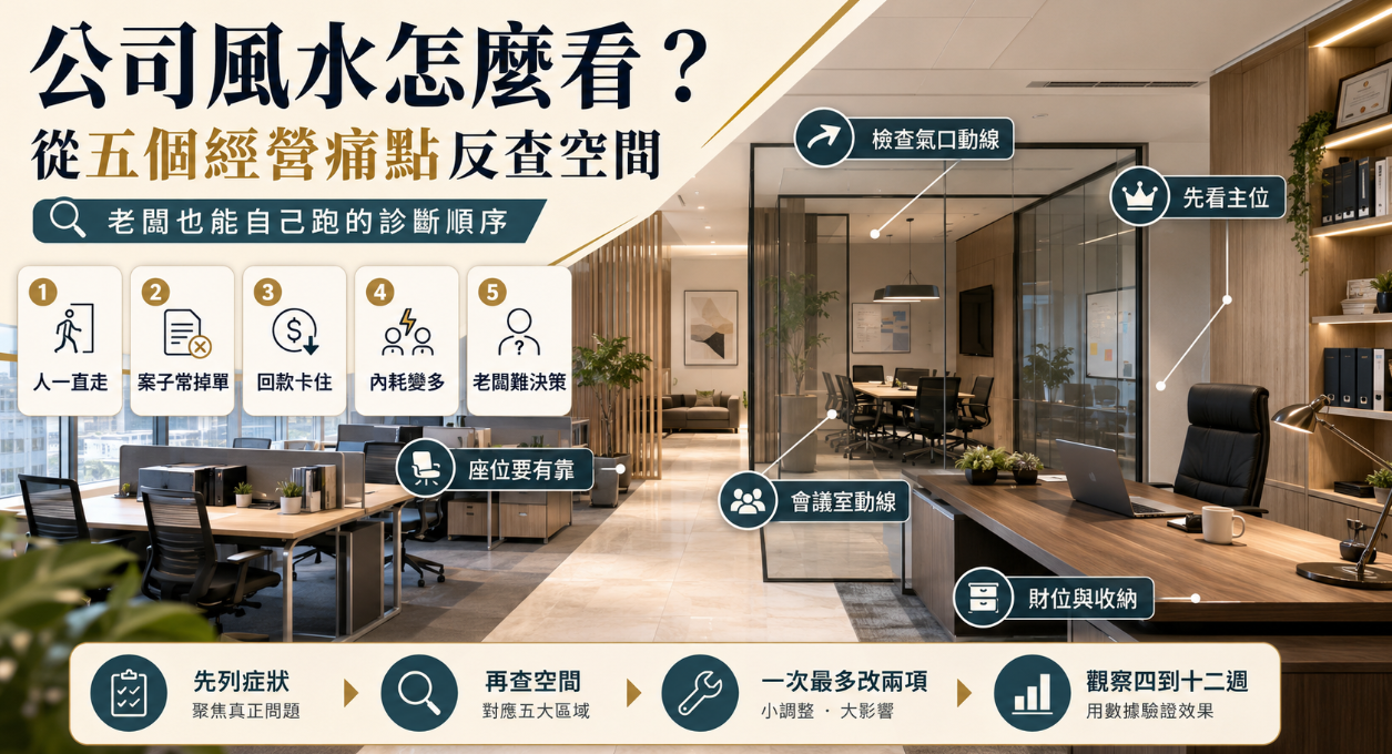 這是一張協助企業主檢視「公司風水」的辦公室實景圖解。畫面具體標示出老闆主位、會議室動線與員工座位有靠等檢核點，並對應人員流失、掉單、回款不順、內耗增加與決策困難等五大營運痛點，引導管理者透過「先列症狀、再查空間、微調兩項、數據驗證」的科學化四步驟，自行找出並改善空間佈局的潛在問題。