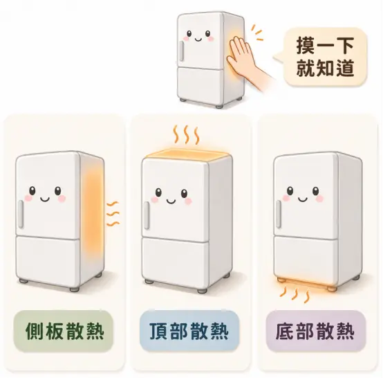 這是一幅輔助評估「冰箱上面可以放東西嗎」的機型辨識圖卡。畫面透過可愛的擬人化冰箱插畫，由左至右清楚標示出側板散熱、頂部散熱與底部散熱三種常見的運作模式；圖卡上方並搭配手部觸摸的示意圖，教導讀者在進行廚房收納前，務必先用手摸一下來確認家中冰箱的散熱區域，確保任何頂部擺設都不會阻礙機器的正常排熱。