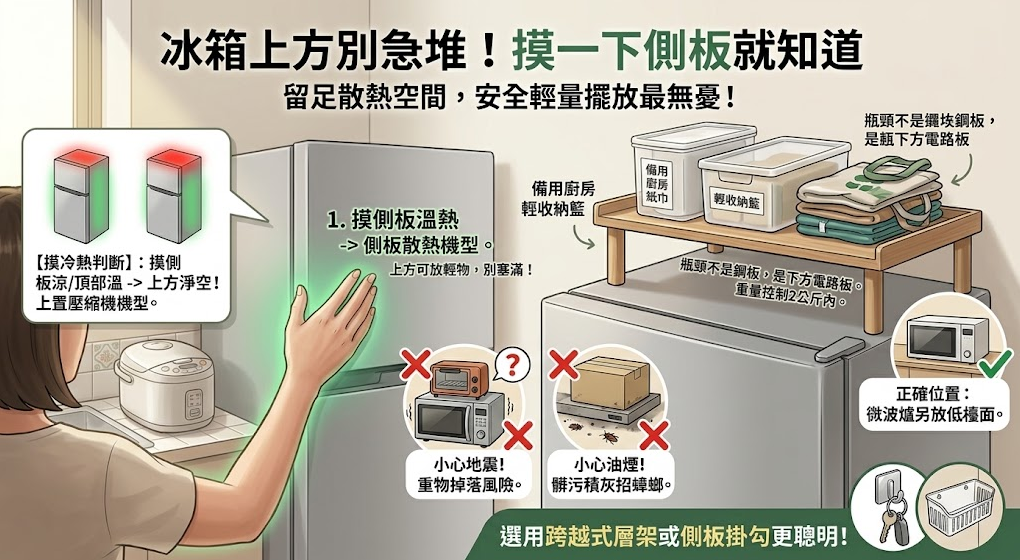 這是一張解答「冰箱上面可以放東西嗎」的居家實用圖解。畫面左側示範先透過觸摸側板來確認冰箱的散熱位置，右側則具體對比了正確與錯誤的收納方式：建議利用跨越式層架放置廚房紙巾等輕量備用品，同時明確打叉警告，應絕對避免將微波爐等重物或易積灰塵的紙箱直接堆放在冰箱頂部，以防地震掉落砸傷或導致下方電路板散熱不良。